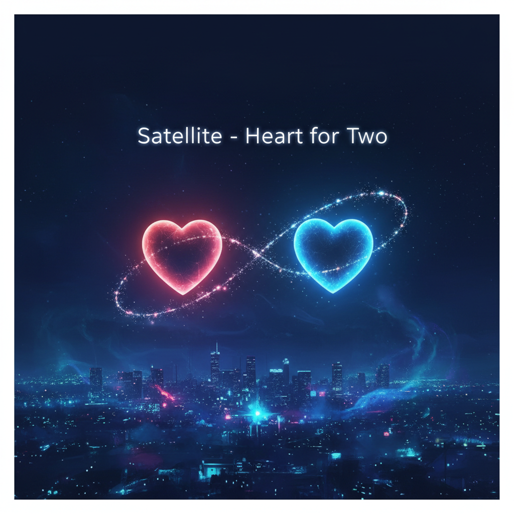 Satellite - Heart for Two album cover with two glowing hearts above a city at night